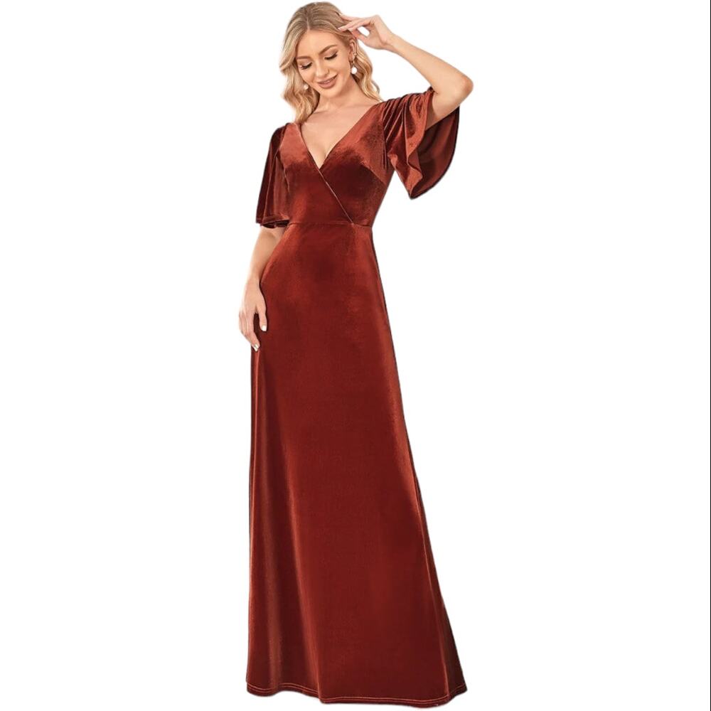 NWT Ever Pretty Double V Neck Velvet Ruffle Sleeve Evening Dress Brick Red Small